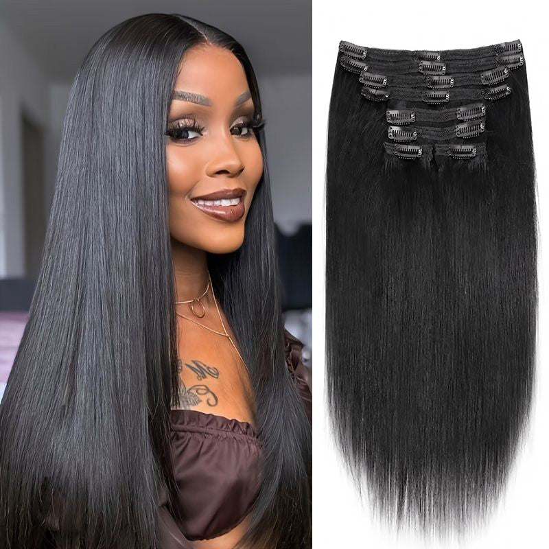 Straight Seamless Clip In Human Hair Extensions For Black Women Natural Color 8 /16 Pieces 120G /240G