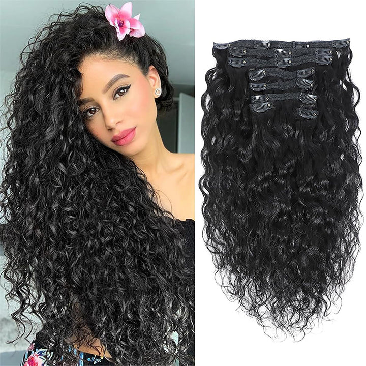 Water Wave Seamless Clip In Human Hair Extensions For Black Women 8 Pcs/pack Natural Volume & Looking