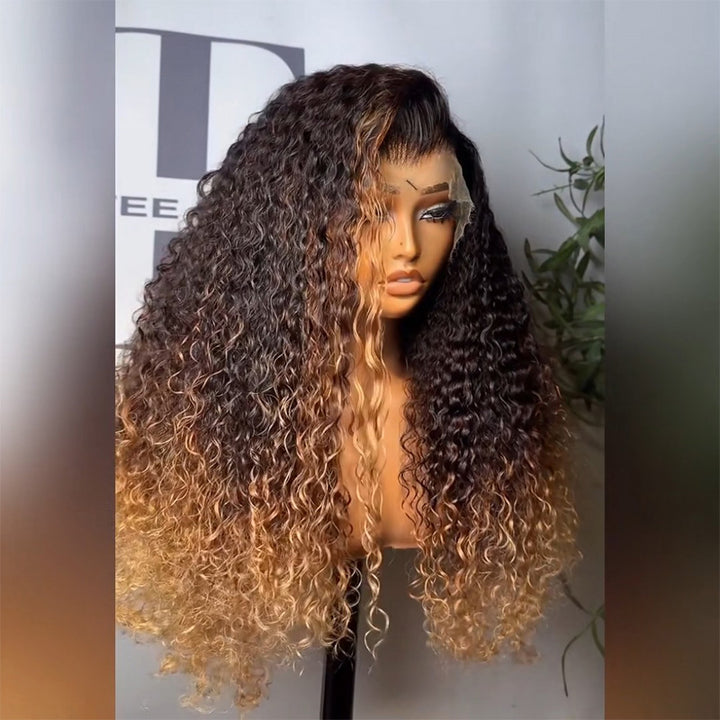 Black Roots Fade To #30 Auburn Blonde Ends Deep Curly Highlight Human Hair Wig 6x6 13x6 Transparent Lace 300% Density