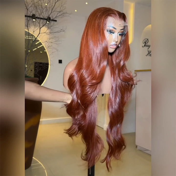 300% Density Ginger Auburn Body Wave Human Hair Wig 6x6 13x6 Transparent Lace Frontal Wig