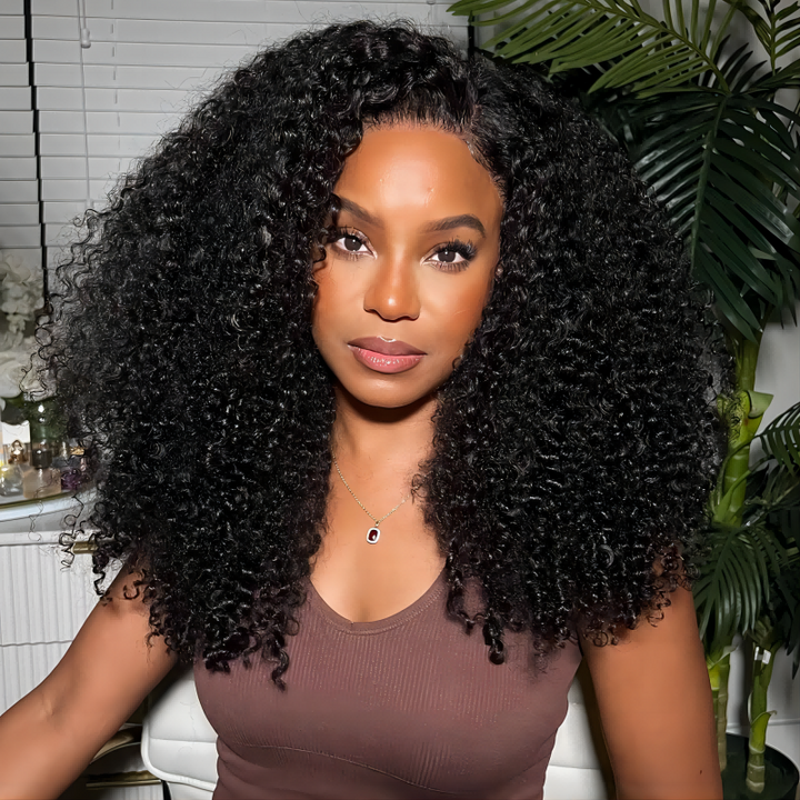 300 Density Pull To Go Afro Kinky Curly Human Hair Wig 6x6/13x6 Glueless Lace Frontal Wig In Natural Black