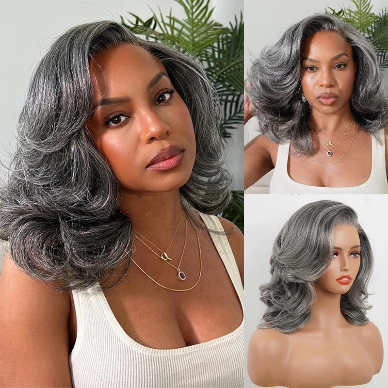 5x5 Closure Layered Blowout Wave Salt & Pepper Human Hair Wig Natural Gray Pre-Cut Glueless Bob Wig