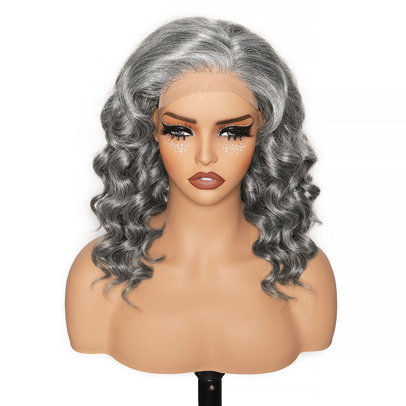 5x5 Salt & Pepper Loose Curly Human Hair Lace Closure Wig #51 Natural Gray Pre-Cut Glueless Bob Wig