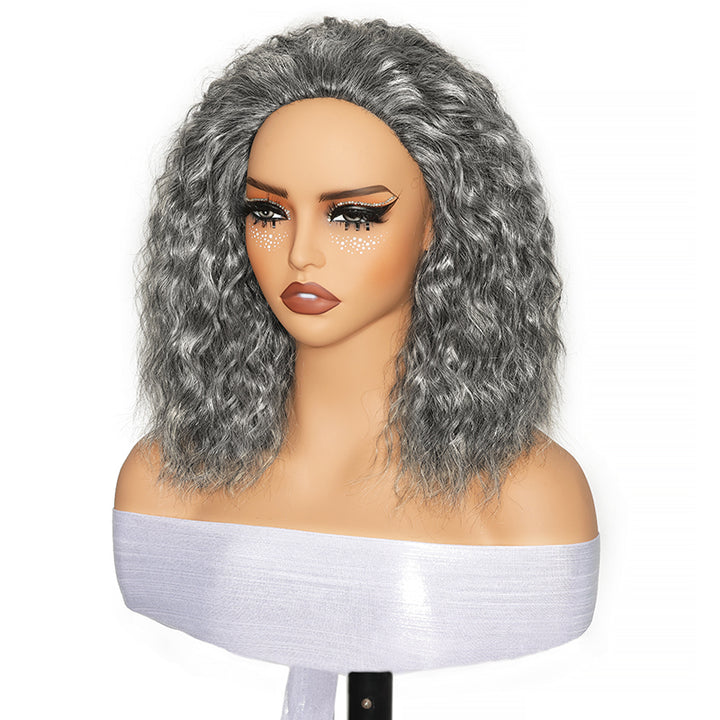 Salt & Pepper Super Wave 3 In 1 Flip Over Half Wig Natural Grey Wear And Go Glueless 100% Human Hair Wig With Drawstring
