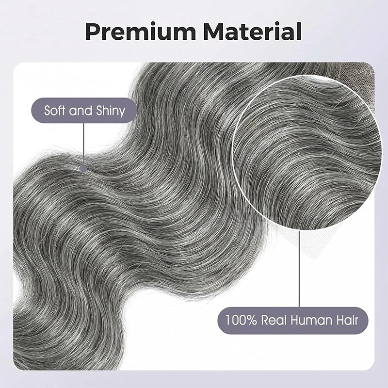 New In Salt and Pepper Body Wave Closure Natural Grey 5x5 HD Transparent Lace Closure 100% Unprocessed Virgin Human Hair
