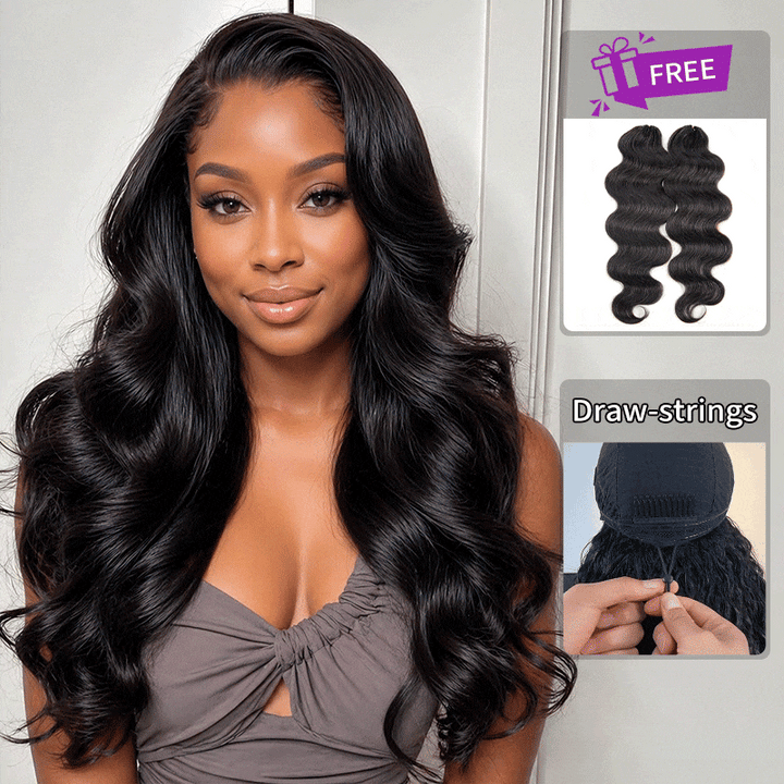 3-in-1 Flip Over Glueless Body Wave Half Wig with Drawstring & 2 Packs Crochet Feather Human Hair Extensions-RhisoHair
