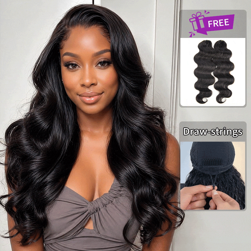 3-in-1 Flip Over Glueless Body Wave Half Wig with Drawstring & 2 Packs Crochet Feather Human Hair Extensions-RhisoHair
