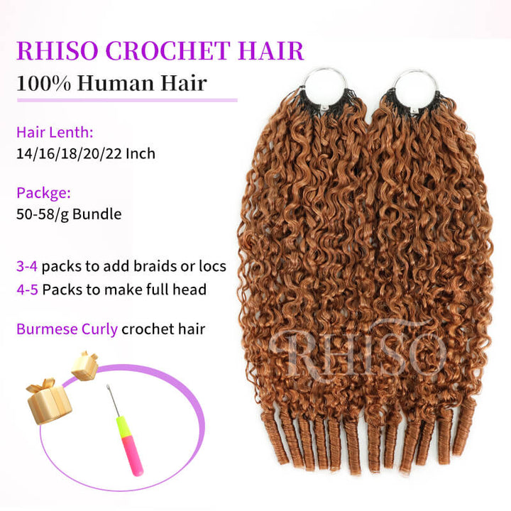 RhisoHair #30 Warm Chestnut Brown Burmese Curly Crochet Hair Machine Made Braiding Feather Human Hair Extension