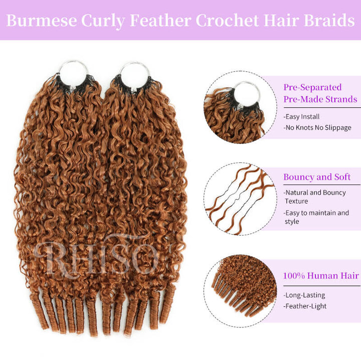 RhisoHair #30 Warm Chestnut Brown Burmese Curly Crochet Hair Machine Made Braiding Feather Human Hair Extension