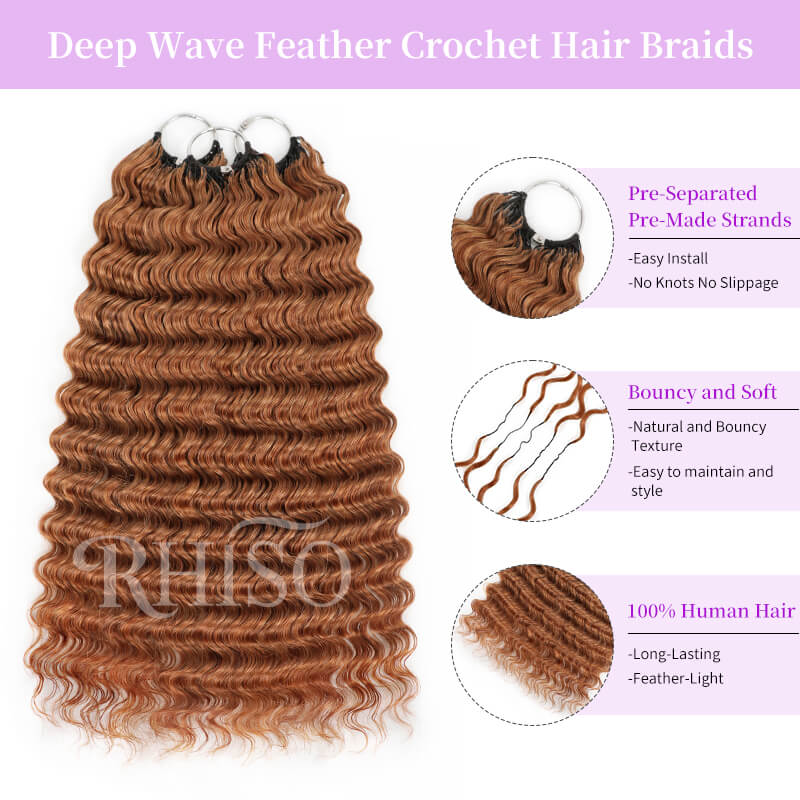 Pay3 Get5|3Packs #30 Copper Brown With 2Pack Natural Black Deep Wave Feather Crochet Human Hair Extension
