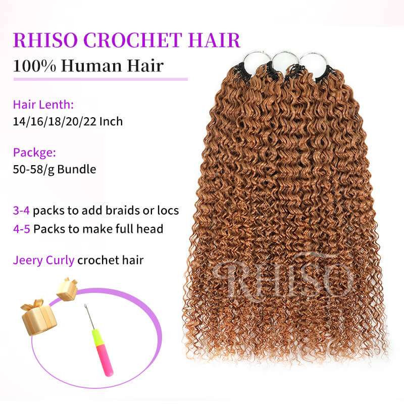 RhisoHair #30 Copper Brown Hair Color Jerry Curly Crochet Hair Machine Made Feather Human Hair Extension