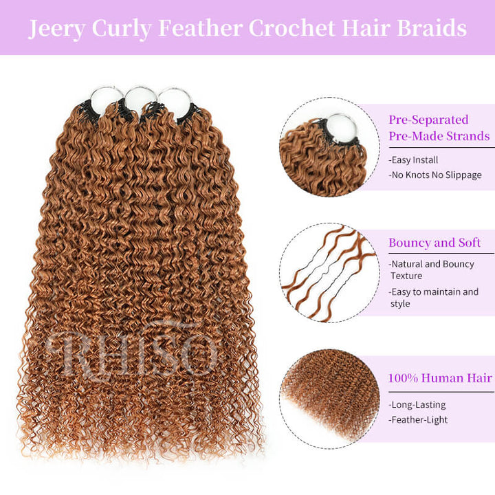 RhisoHair Highlight #30 Copper Brown Jerry Curly Crochet Hair Machine Made Feather Human Hair Extension