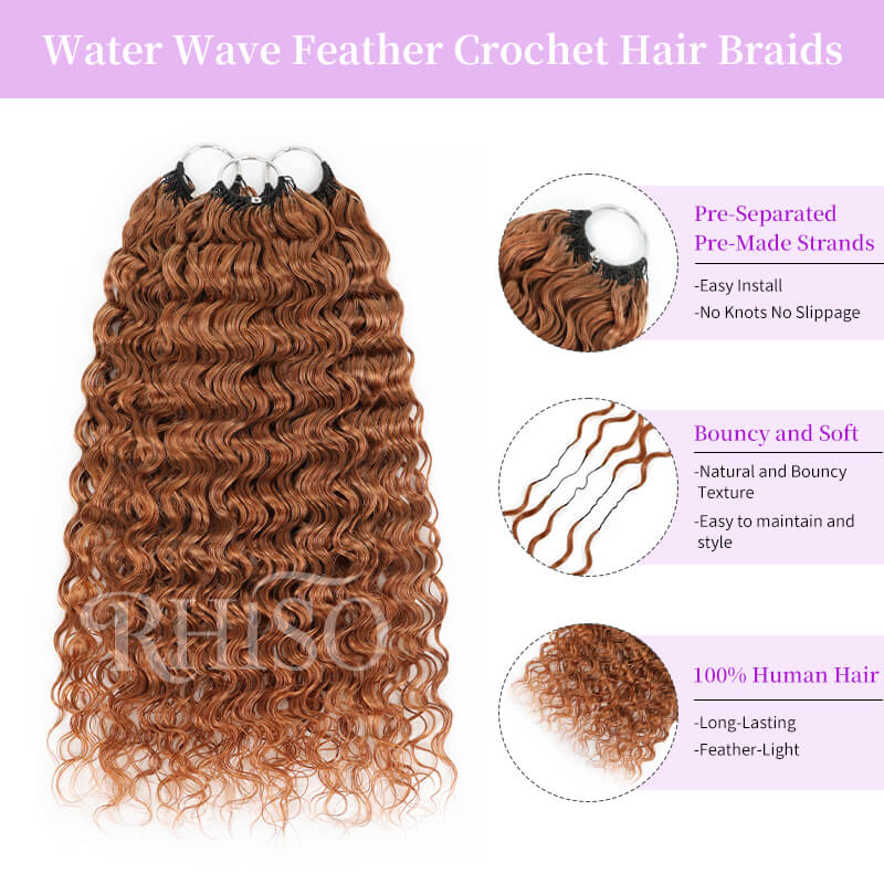 RhisoHair #30 Copper Brown Hair Color Water Wave Crochet Hair Machine Made Feather Human Hair Extension