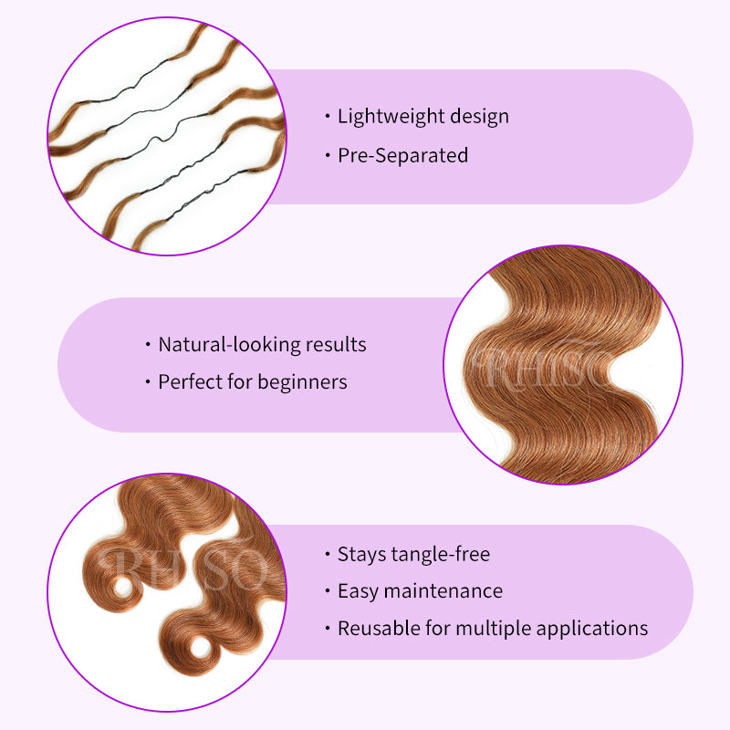RhisoHair #30 Copper Brown Body Wave Crochet Hair Machine Made Feather Human Hair Extension
