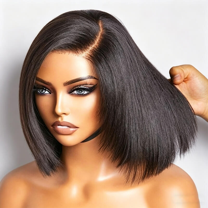 RhisoHair 300% Density Kinky Straight Short Bob Wig 13x6 HD Transparent Lace Frontal / 5x5 Glueless Brazilian Virgin Human Hair Wig