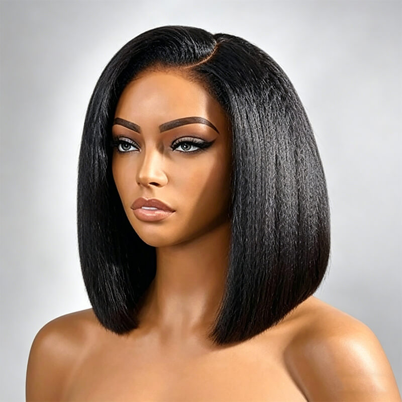 RhisoHair 300% Density Kinky Straight Short Bob Wig 13x6 HD Transparent Lace Frontal / 5x5 Glueless Brazilian Virgin Human Hair Wig