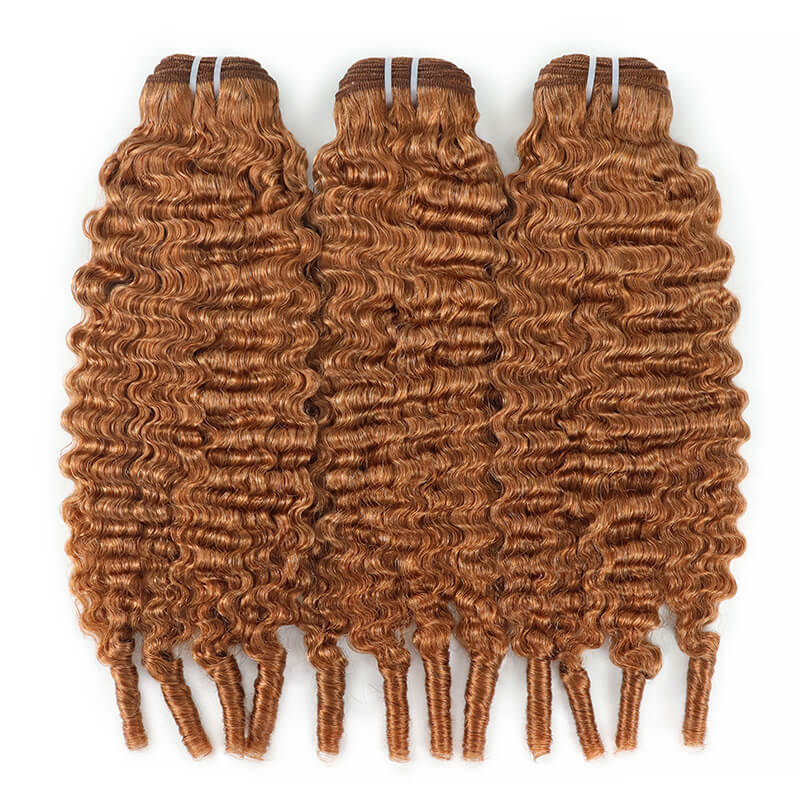 RhisoHair #30 Honey Brown Burmese Curly Human Hair Bundles Auburn Brown Double Weft Weave 100% Unprocessed Brazilian Virgin Human Hair Extensions