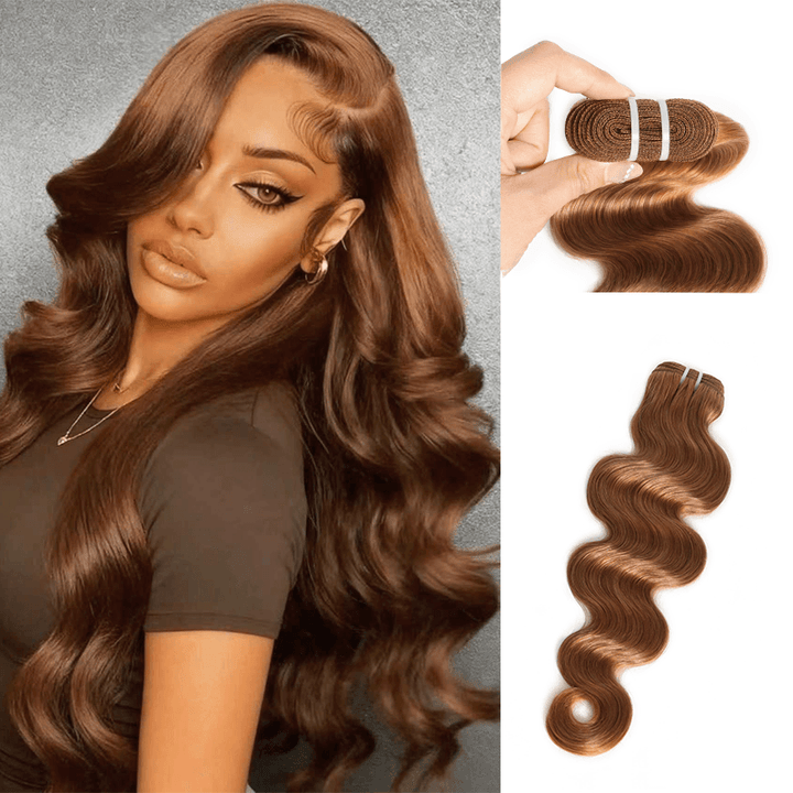 RhisoHair #30 Light Brown Body Wave Human Hair Bundles Auburn Brown Double Weft Weave 100% Unprocessed Brazilian Virgin Human Hair Extensions