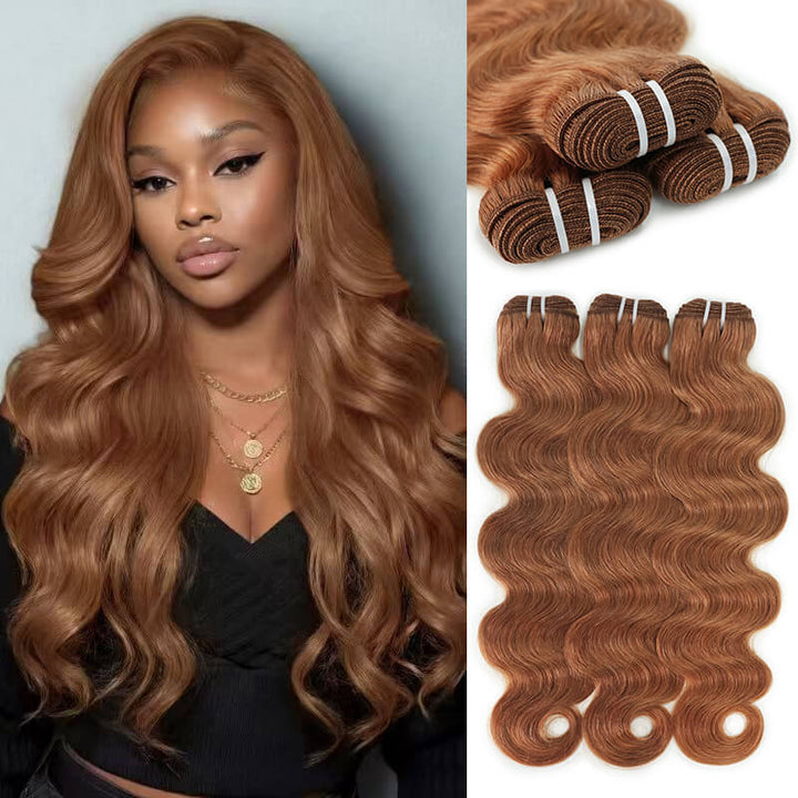 RhisoHair #30 Light Brown Body Wave Human Hair Bundles Auburn Brown Double Weft Weave 100% Unprocessed Brazilian Virgin Human Hair Extensions