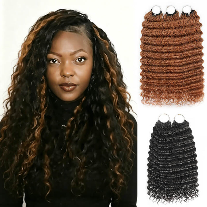 Pay3 Get5|3Packs #30 Copper Brown With 2Pack Natural Black Deep Wave Feather Crochet Human Hair Extension