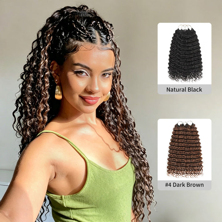 RhisoHair 3Packs #4 Chocolate Brown With 2Packs Natural Black Deep Wave Honey Blonde Highlight Crochet Hair Machine Made Feather Human Hair Extension
