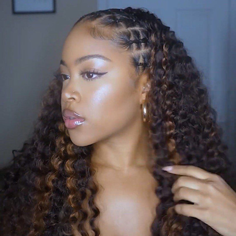 RhisoHair 3Packs #4 Chocolate Brown With 2Packs Natural Black Deep Wave Honey Blonde Highlight Crochet Hair Machine Made Feather Human Hair Extension