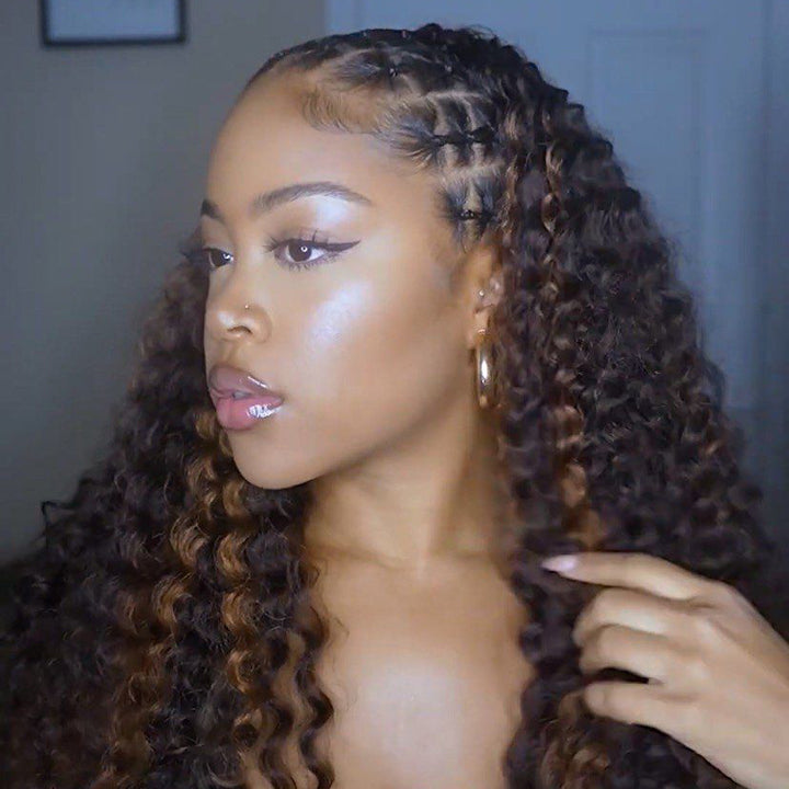 RhisoHair 3Packs #4 Chocolate Brown With 2Packs Natural Black Deep Wave Honey Blonde Highlight Crochet Hair Machine Made Feather Human Hair Extension