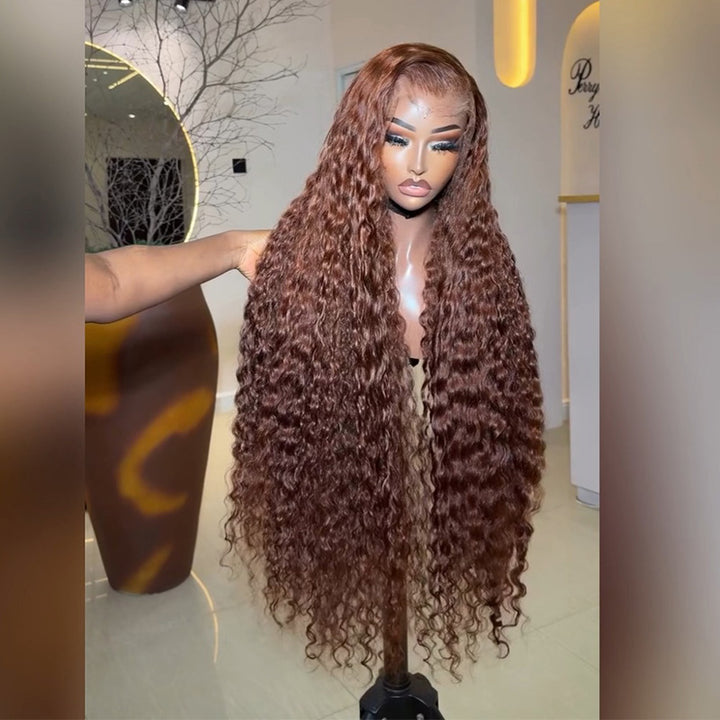 #30 Auburn Brown Deep Wave Human Hair Wig 6x6 13x6 Transparent Lace Frontal Wig 300% Density