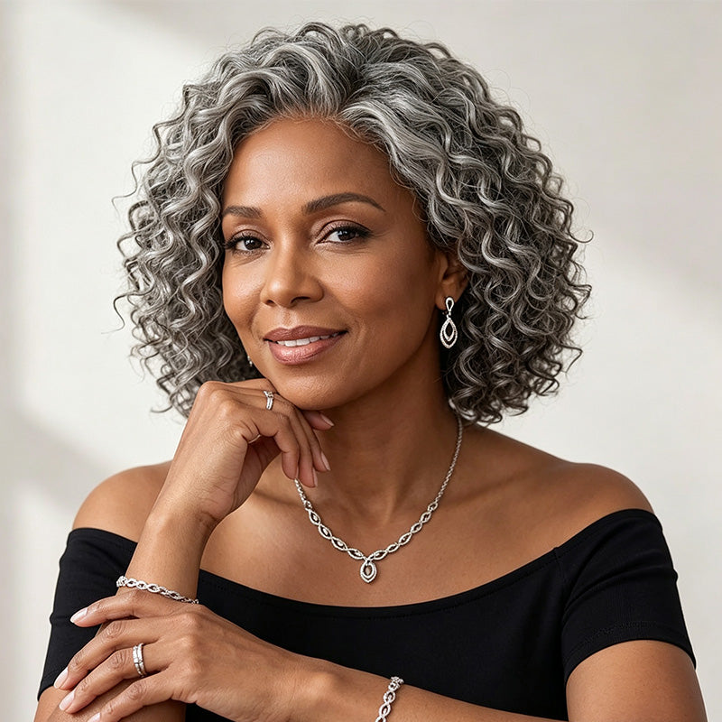 Standard Salt & Pepper Short Jerry Curly Human Hair Wig 5x5 Glueless Gray Color Lace Closure Wigs For Mature Women