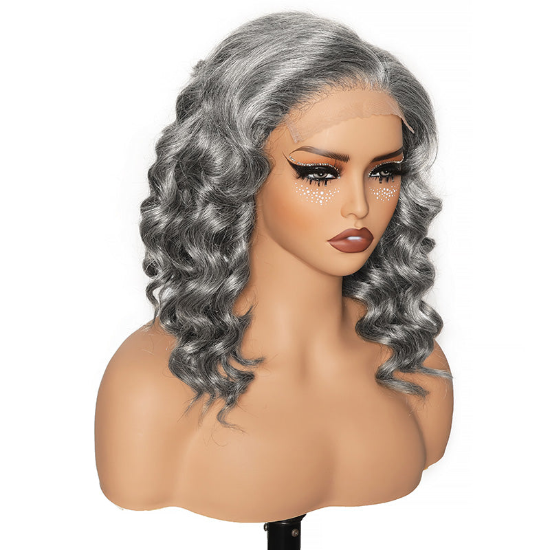 5x5 Salt & Pepper Loose Curly Human Hair Lace Closure Wig #51 Natural Gray Pre-Cut Glueless Bob Wig