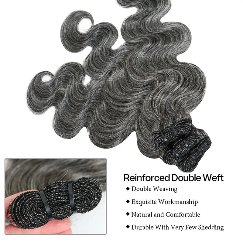 New In Dark Salt & Pepper Body Wave Human Hair Bundles 100% Brazilian Virgin Remy Hair Extensions