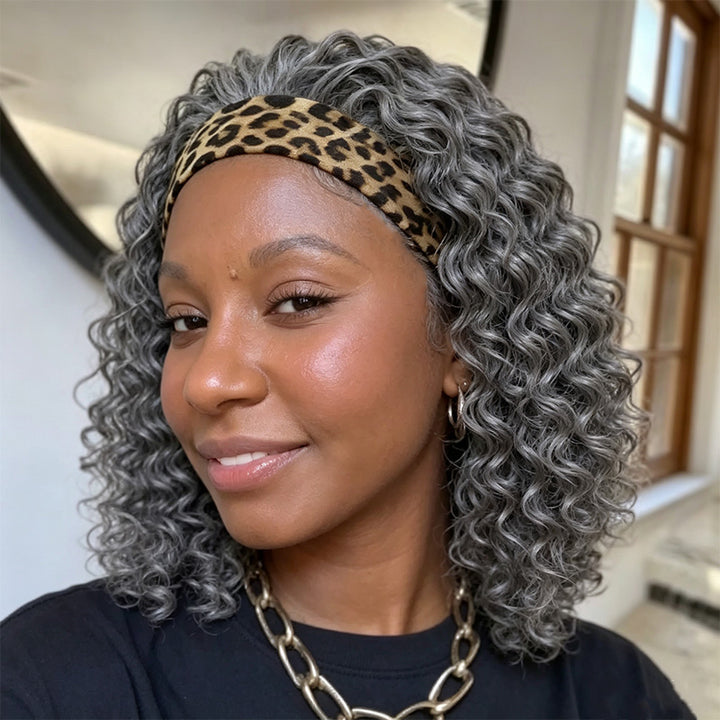 Dark Salt & Pepper Deep Wave Headband Human Hair Wig Silver Gray Glueless Wigs For Women