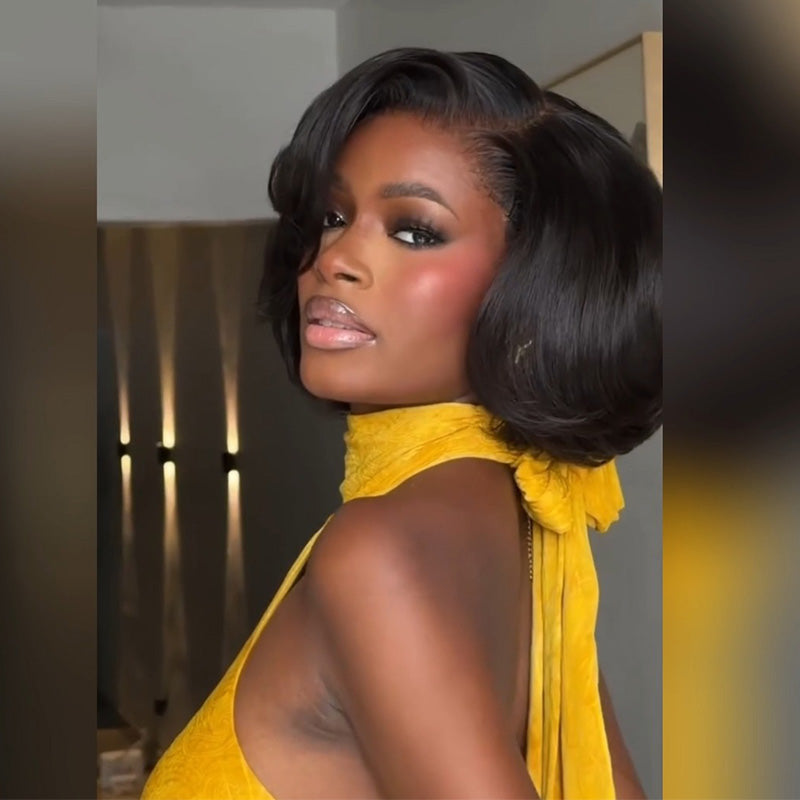 8 Inch Side Part Blowout Layered Wavy Bob Wig 6x6 Glueless Lace Closure Human Hair Wig 300% Density