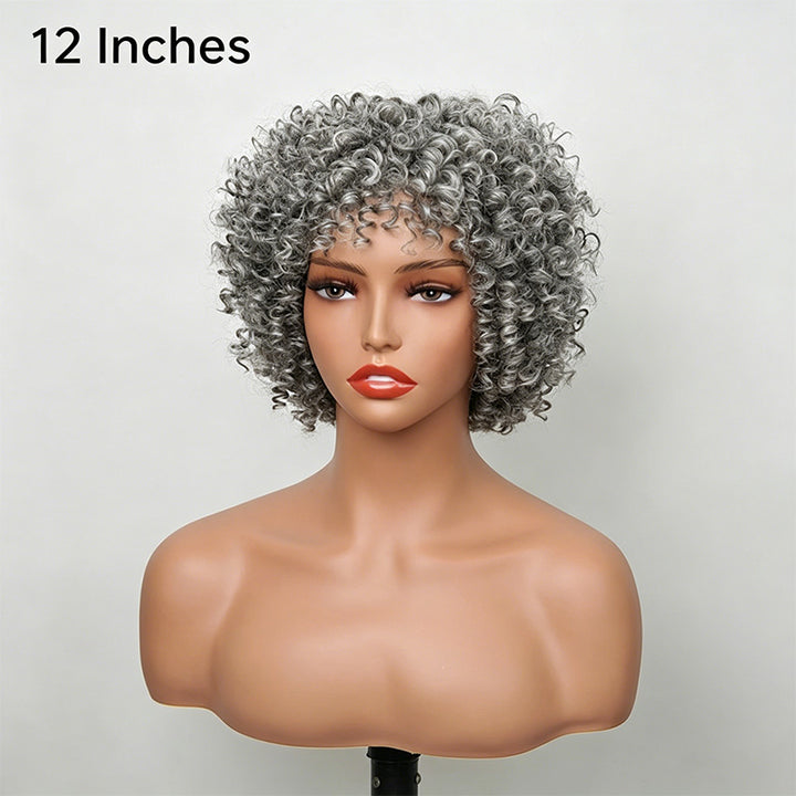 Salt And Pepper Ringlet Curls Glueless Human Hair Wig With Bangs