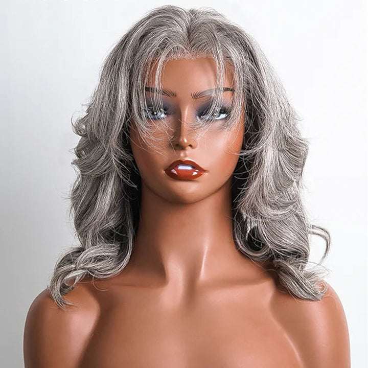 5x5 Salt And Pepper Glueless Layered Cut Body Wave Human Hair Wig Gray Color Pre-Cut Lace Bob Wig