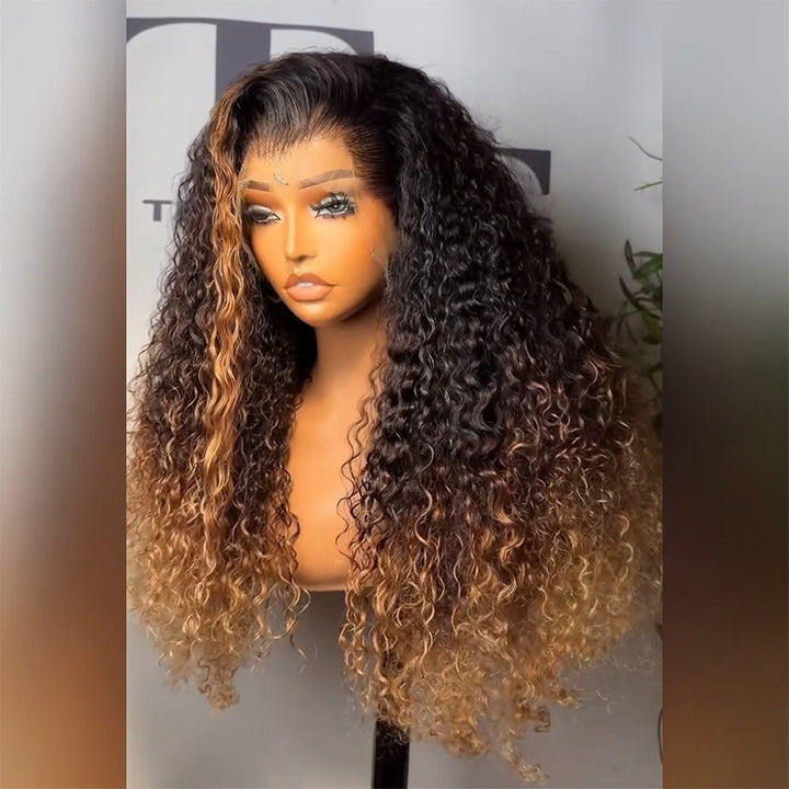 Black Roots Fade To #30 Auburn Blonde Ends Deep Curly Highlight Human Hair Wig 6x6 13x6 Transparent Lace 300% Density