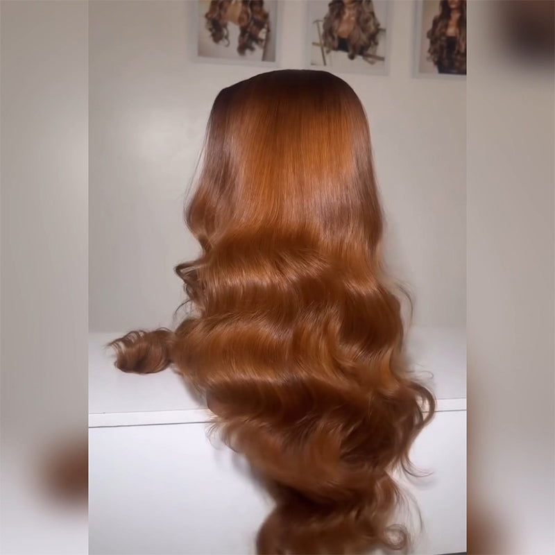 T4/30 Dark Root Ombre Caramel Brown Body Wave Human Hair Wig 6x6/13x6 Transparent Lace Frontal Wig 300% Density