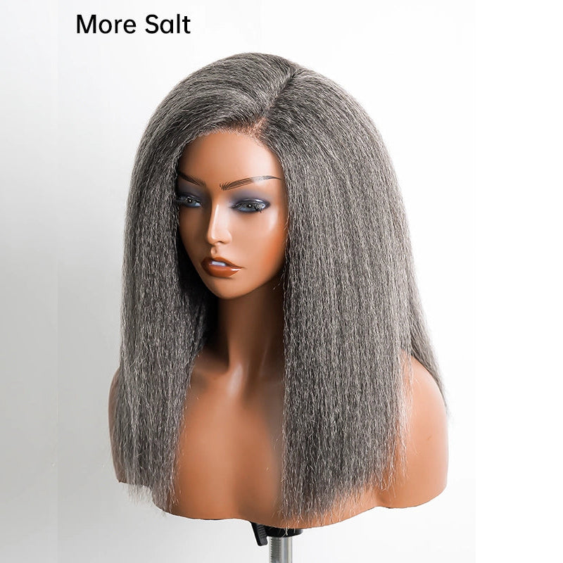 5x5 Closure Kinky Straight Salt & Pepper Free Parting Glueless Human Hair Wig Gray Color Pre-Cut Lace Bob Wig