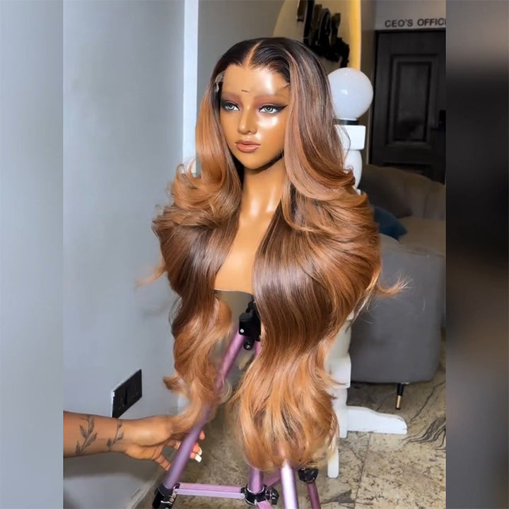 Dark Root Ombre Highlight Body Wave Human Hair Wig 6x6/13x6 Transparent Lace Frontal Wig 300% Density