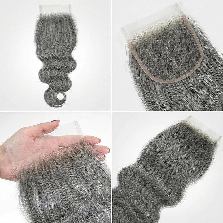 New In Salt and Pepper Body Wave Closure Natural Grey 5x5 HD Transparent Lace Closure 100% Unprocessed Virgin Human Hair