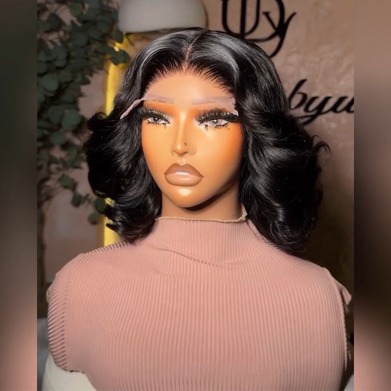 300 Density Pull To Go Romantic Wave Human Hair Bob Wig 5x5/13x4 Loose Body Wave Lace Frontal Wig In Natural Black