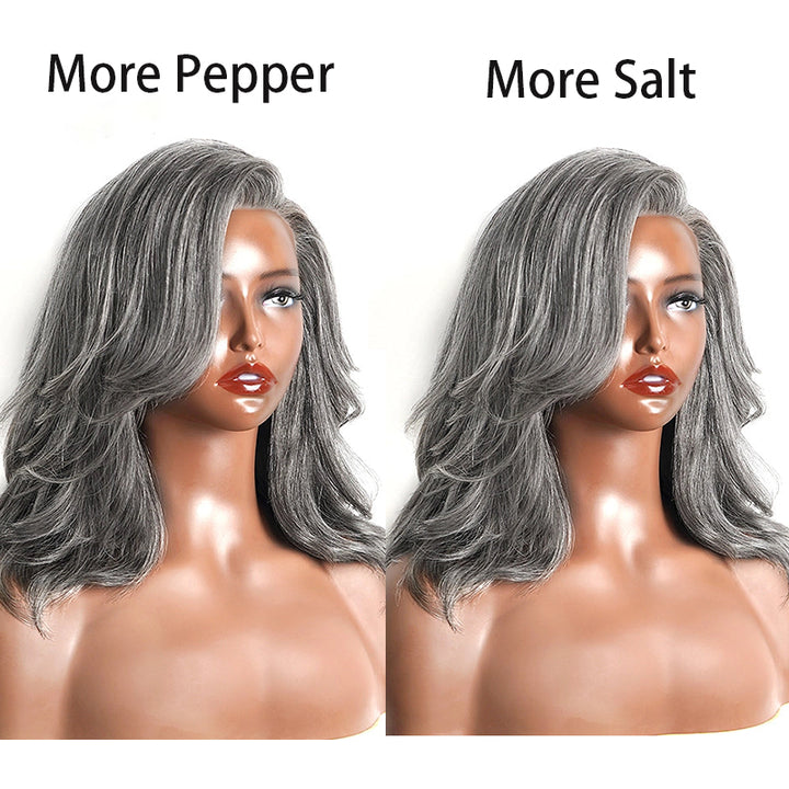 5x5 Salt & Pepper Layered Cut Wave Wig Gray Pre-Cut Glueless Human Hair Wig Beginner Friendly