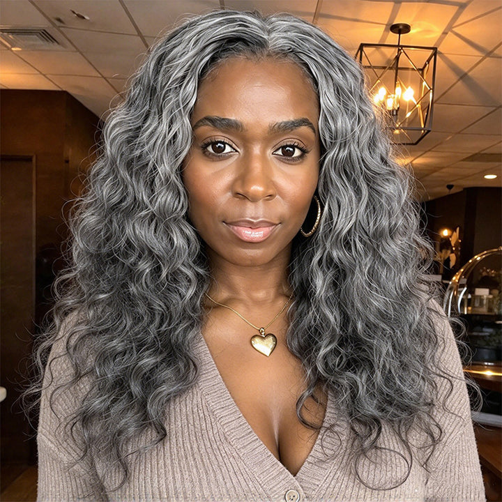Salt & Pepper Indian Wavy Natural Gray Human Hair Bundles 100% Brazilian Virgin Remy Hair Extensions
