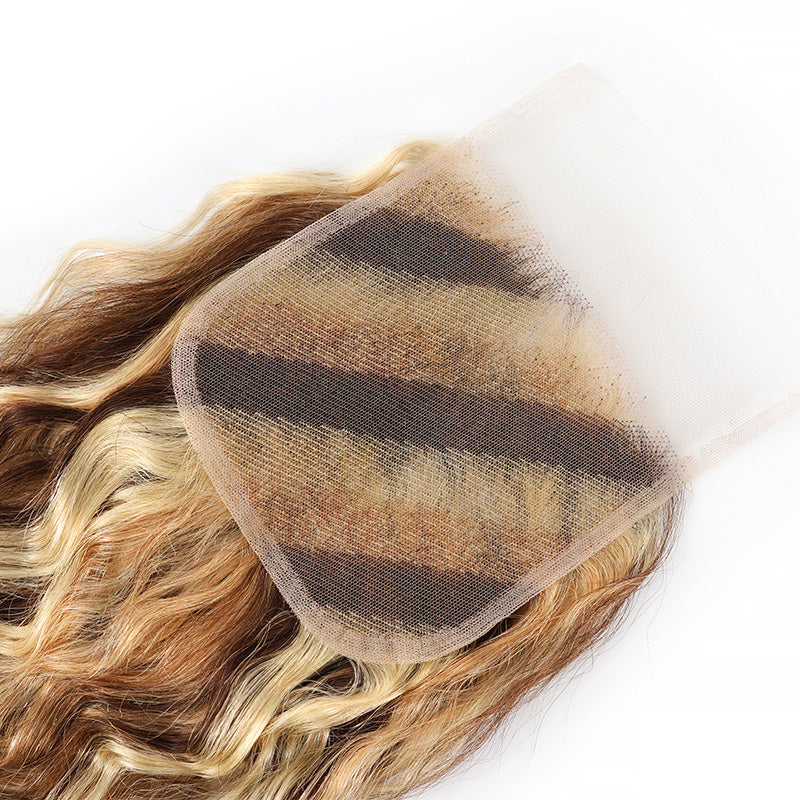 P4/27/613 Mix Blonde Highlight Super Wave Bundles with 5x5 Lace Closure Virgin Human Hair Extentions Double Weft Honey Blonde Weave for Women