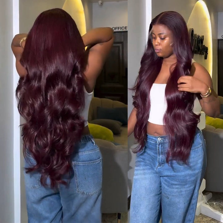 99J Burgundy Body Wave Human Hair Wig 6x6 13x6 Transparent Lace Frontal Wig 300% Density