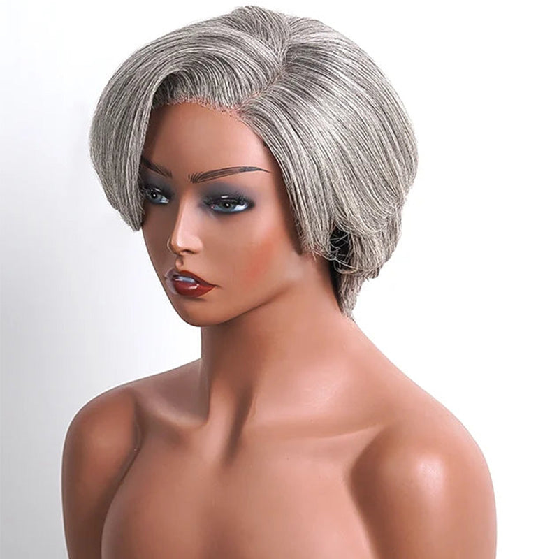 5x5 Closure Salt & Pepper Pixie Cut Side Part Glueless Human Hair Wig For Black Women