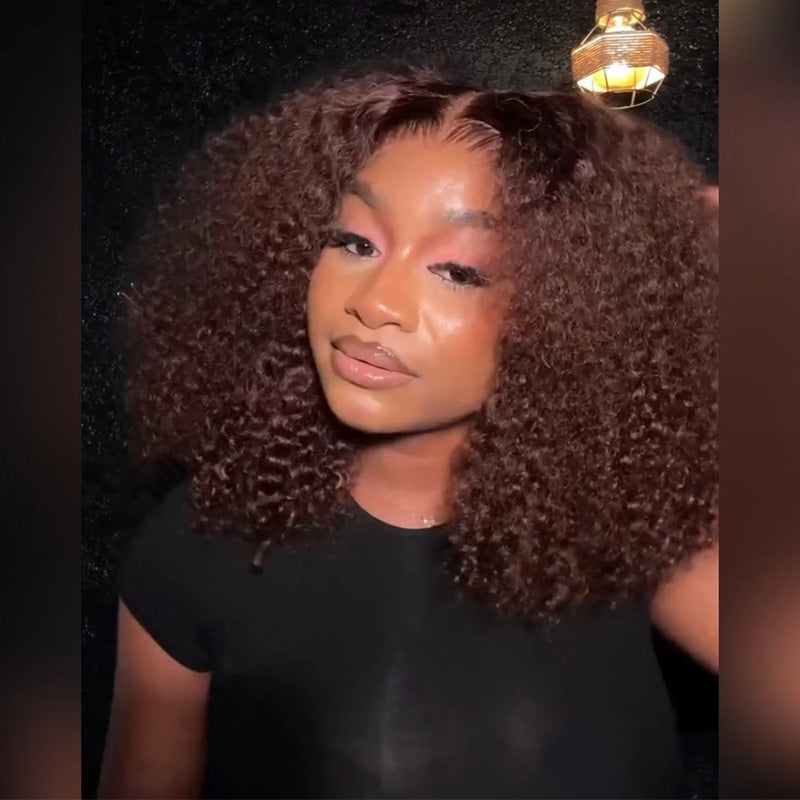 Pre-plucked #4 Chocolate Brown Kinky Curly Human Hair Bob Wig 5x5/13x4 Glueless Lace Frontal Wig 300 Density