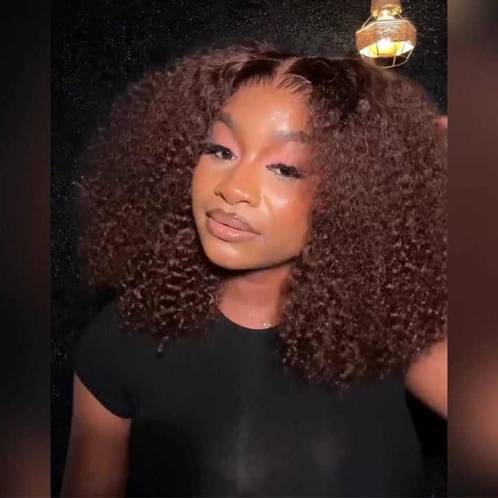 Pre-plucked #4 Chocolate Brown Kinky Curly Human Hair Bob Wig 5x5/13x4 Glueless Lace Frontal Wig 300 Density