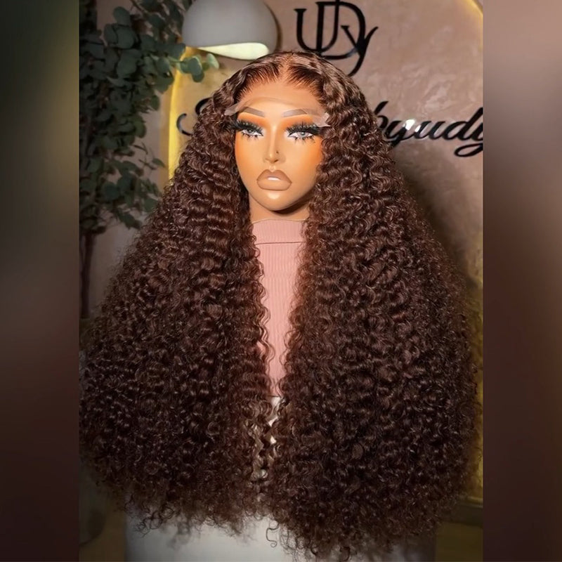 #4 Chocolate Brown Deep Curly Human Hair Wig with Middle Part 6x6/13x6 Transparent Lace Frontal Wig 300% Density
