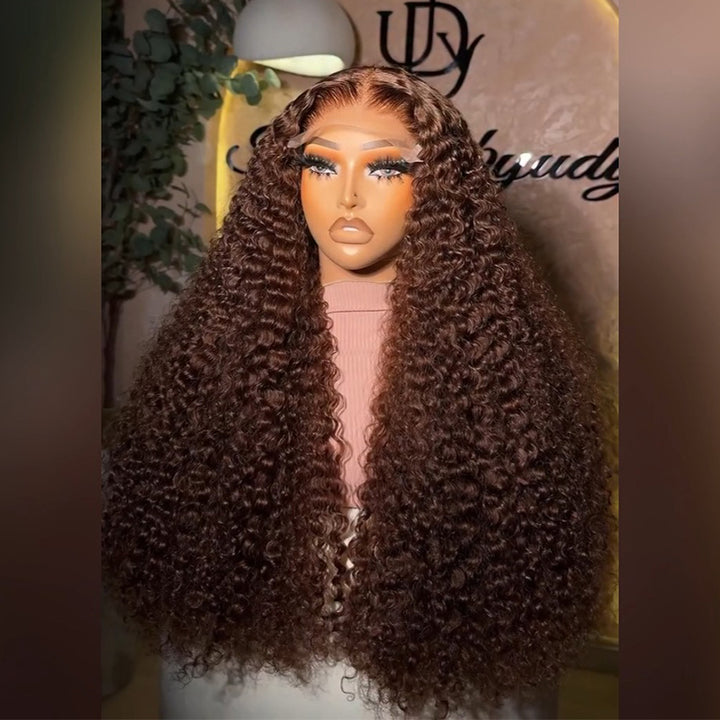 #4 Chocolate Brown Deep Curly Human Hair Wig with Middle Part 6x6/13x6 Transparent Lace Frontal Wig 300% Density
